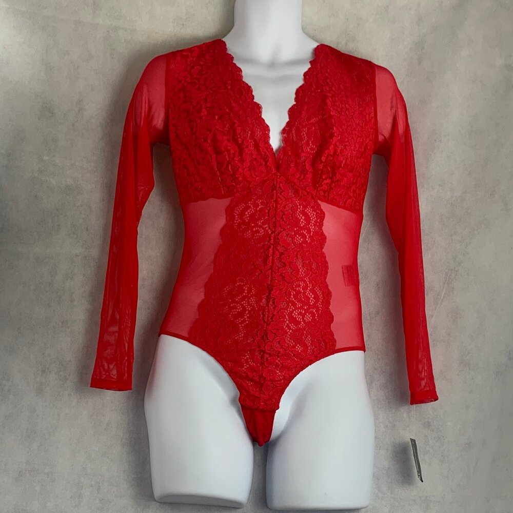INC Women's Long-Sleeve Lace Mesh Thong Bodysuit, Ski Patrol Red, Medium